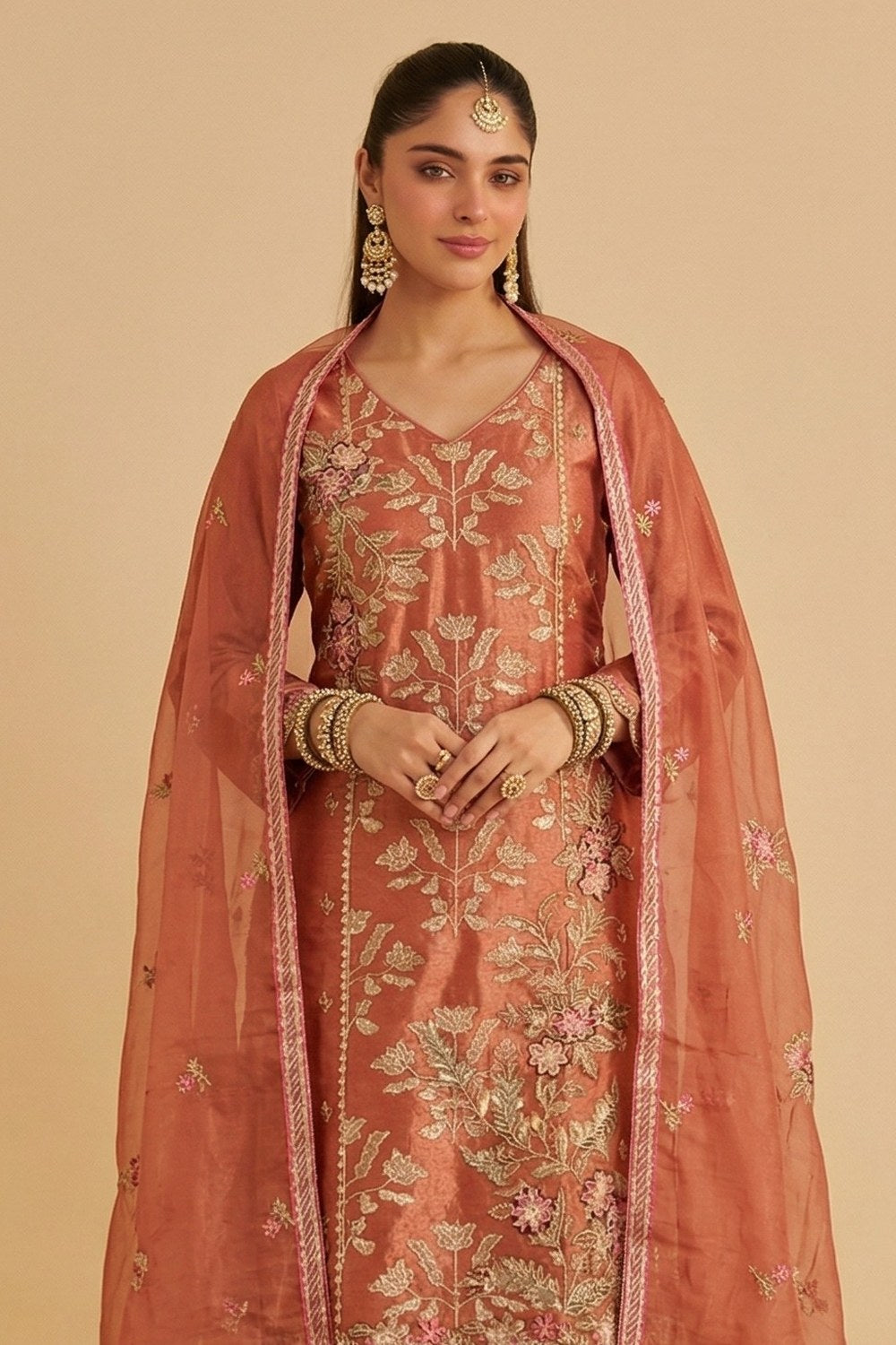 Orange Shimmer Silk Women's Straight Pant Suit with Embroidery - close-up view