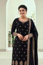 Black Georgette Silk Kameez and Pant Suit For Indian Wedding & Festival - Embroidery Work - close-up view