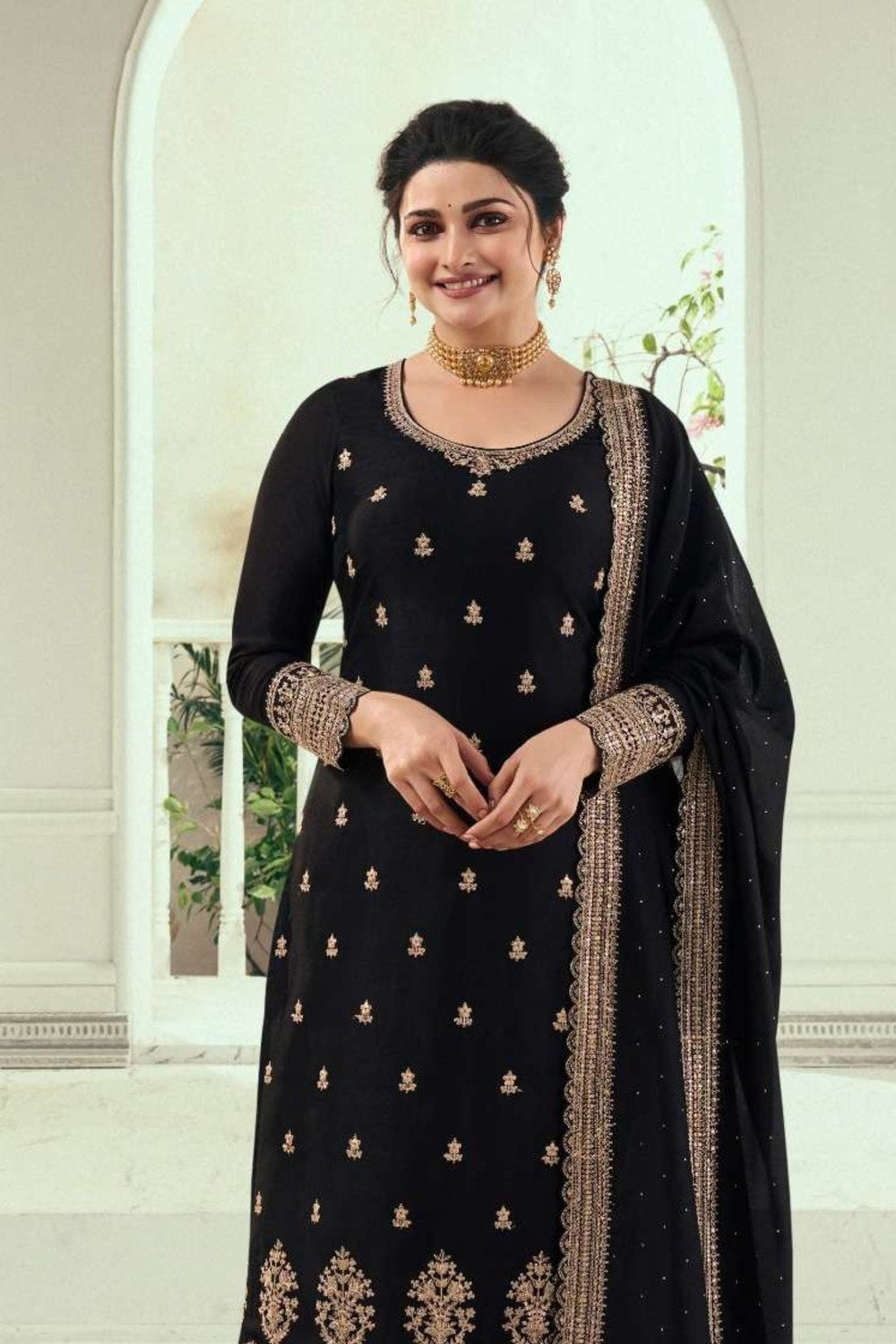 Black Georgette Silk Kameez and Pant Suit For Indian Wedding & Festival - Embroidery Work - close-up view