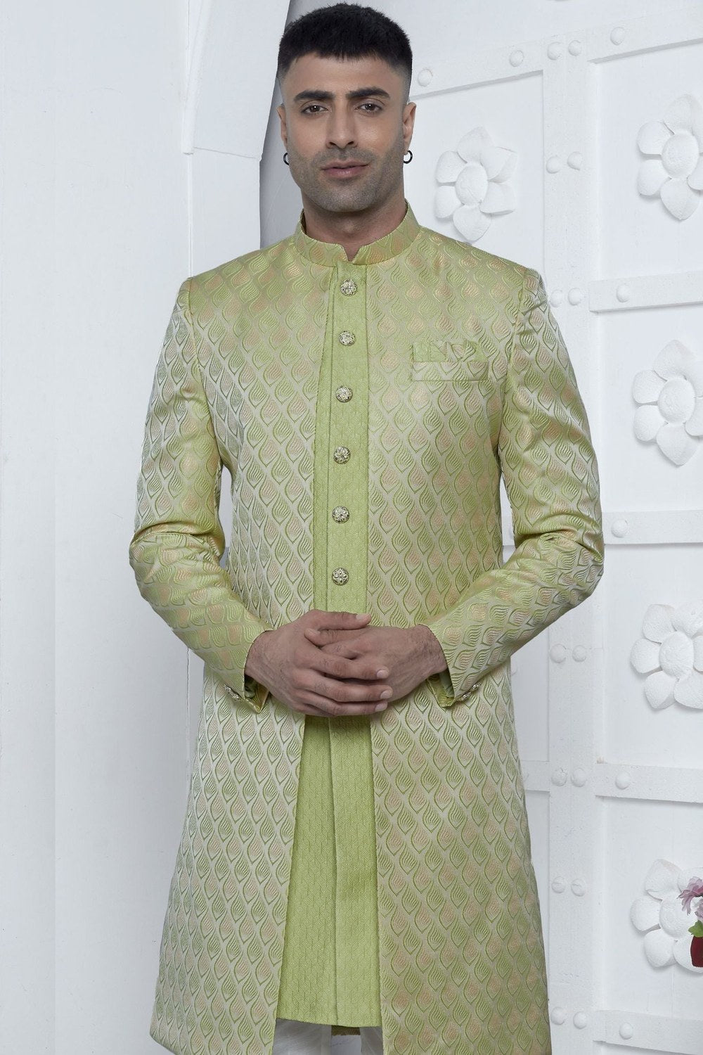 Green Jacquard Silk Indowestern Suit Long Kurta with Jacket & Pant for Men for Wedding - Jacquard Work - close-up view