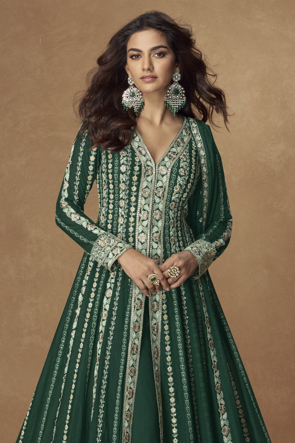 Green Chinon Silk Front Slit Anarkali Suit With Pant For Indian & Pakistani Wedding Festival - Thread & Sequins Embroidery Work - close-up view