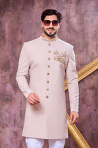 Cream Pink Art Silk Men's Indo Western Clothing with Zardozi Hand Work - close-up view