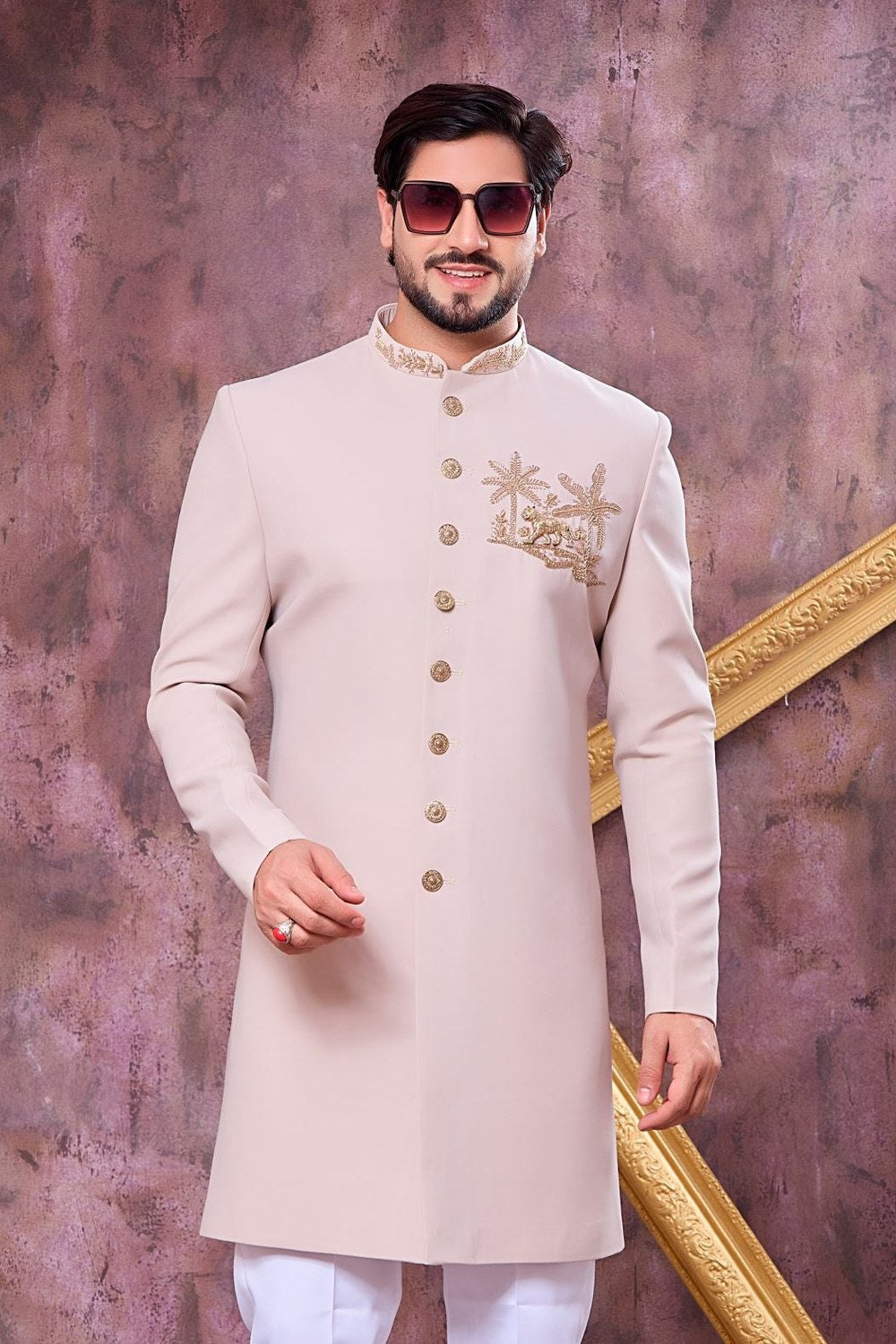 Cream Pink Art Silk Men's Indo Western Clothing with Zardozi Hand Work - close-up view