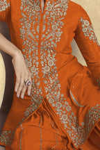 Orange Chinon Silk Plazo Suit For Indian Weddings & Pakistani Festival - Embroidery Work - hem and footwear detail