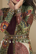 Maroon Georgette Anarkali Suit With Long Jacket For Indian & Pakistani Wedding Festival - Thread Embroidery Work, Print Work - hem and footwear detail