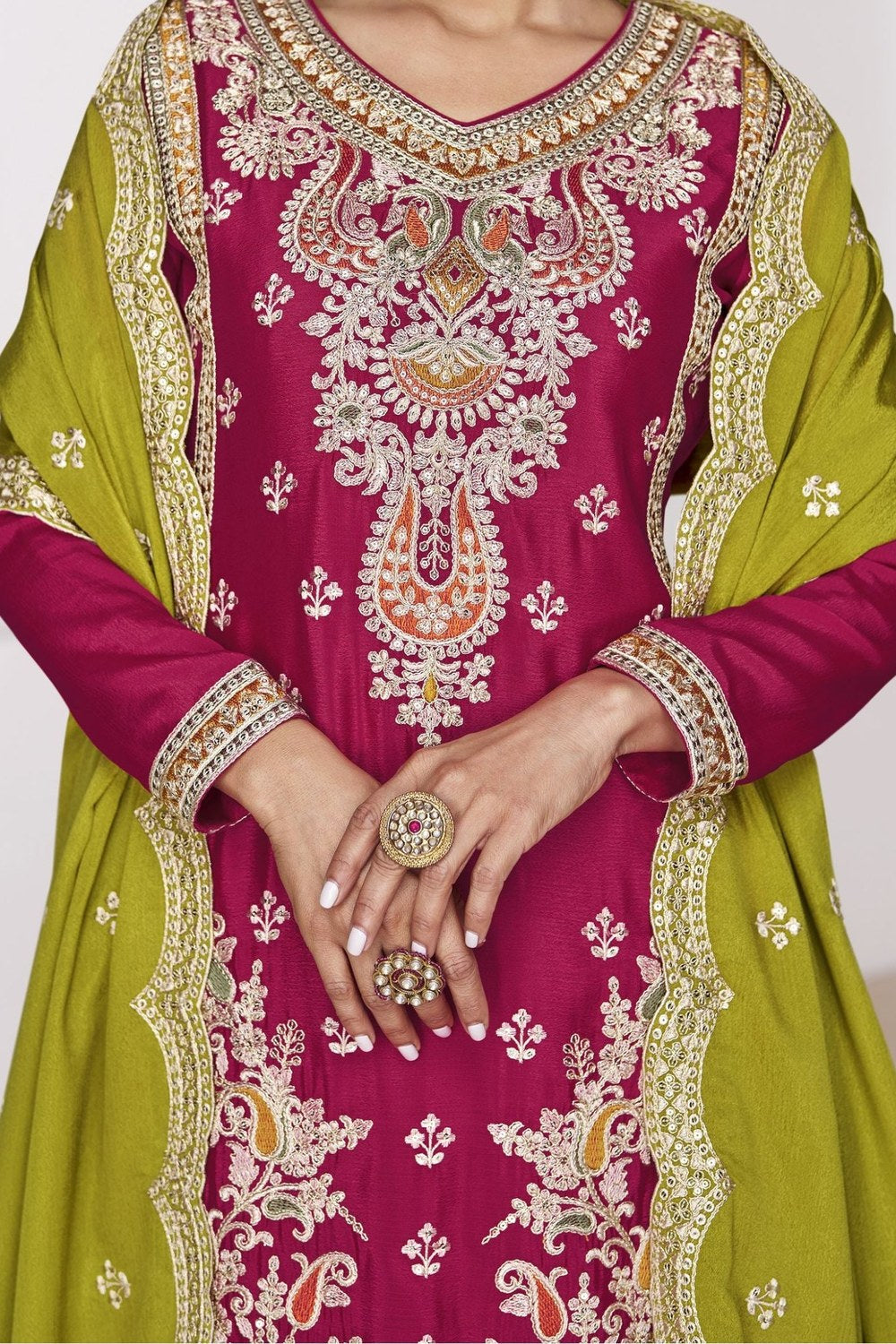 Pink Chinon Silk Palazzo Suit For Indian Weddings & Pakitani Festival - Embroidery Work - hem and footwear detail