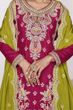 Pink Chinon Silk Palazzo Suit For Indian Weddings & Pakitani Festival - Embroidery Work - hem and footwear detail