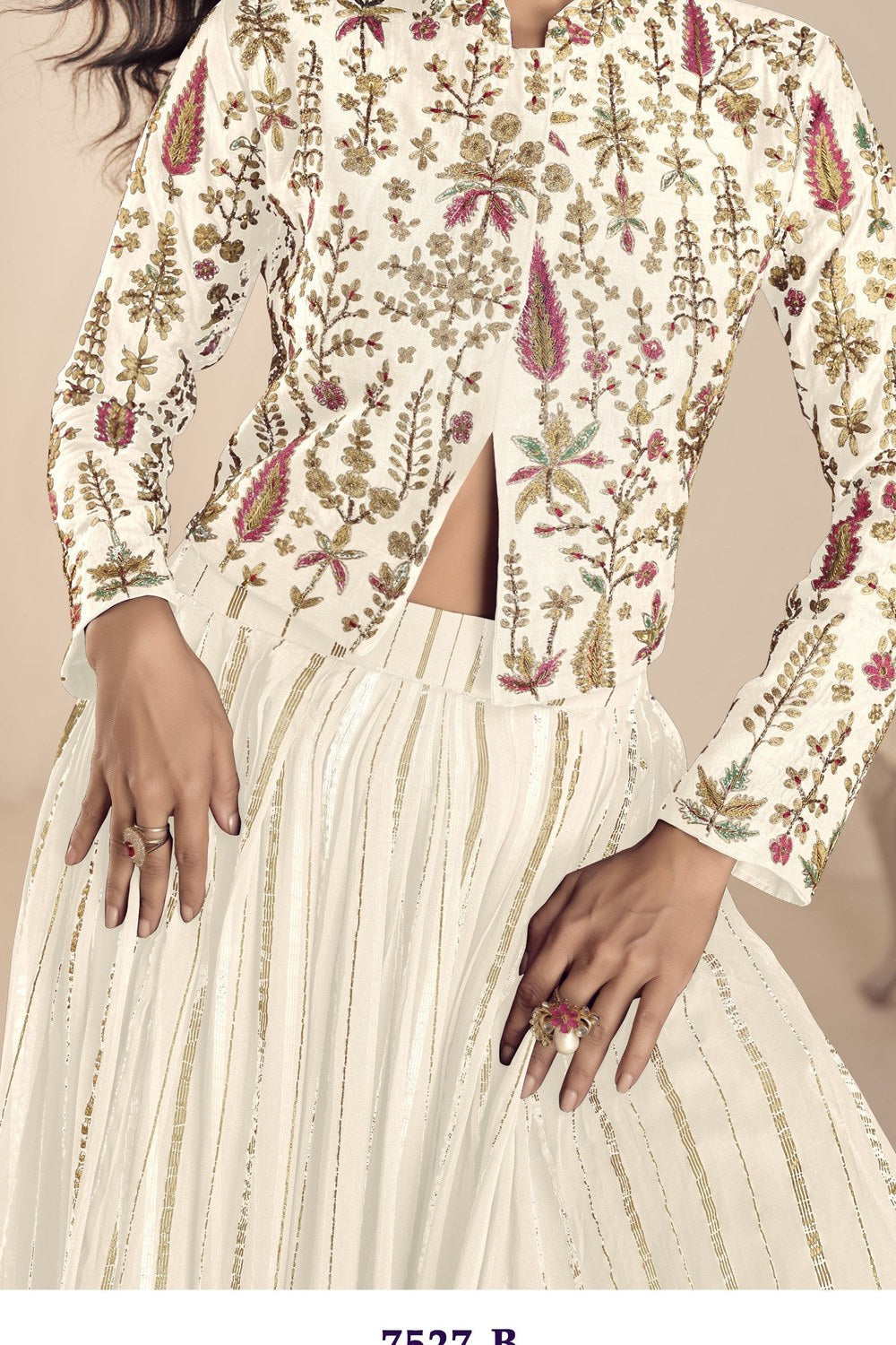 White Vichitra Silk Long Sleeves Lehenga with Sequin Embroidery Work - hem and footwear detail