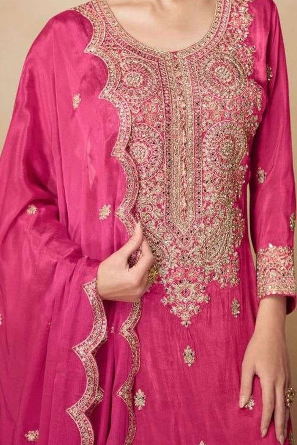 Pink Chinon Silk Plazo Suit For Indian & Pakistani Wedding Festival - Sequins & Thread Embroidery Work, Real Mirror Work - hem and footwear detail