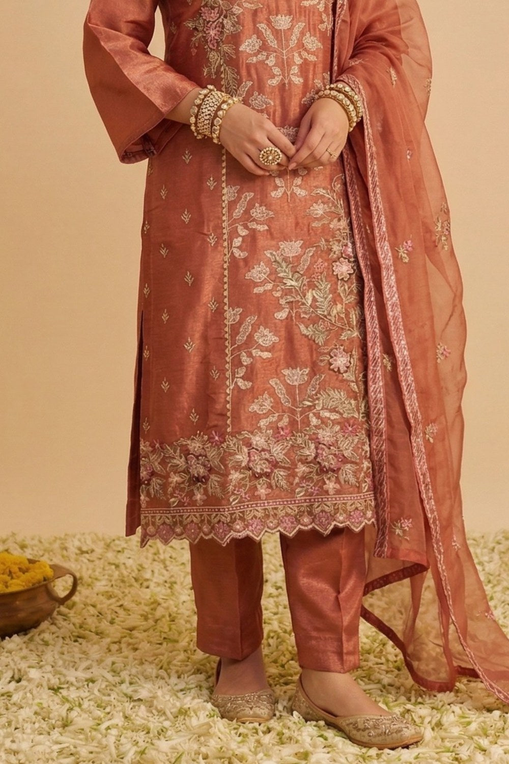 Orange Shimmer Silk Women's Straight Pant Suit with Embroidery - hem and footwear detail