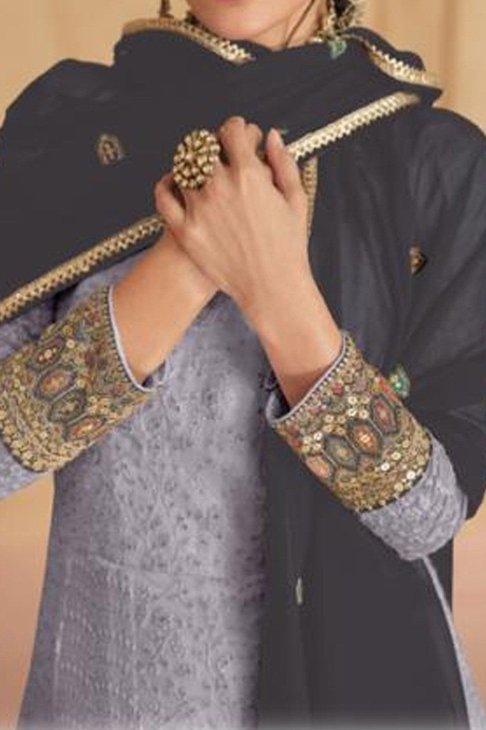 Lavender Gray Georgette Anarkali Bridesmaid Dresses in India Wedding - Thread & Sequence Embroidery Work - hem and footwear detail