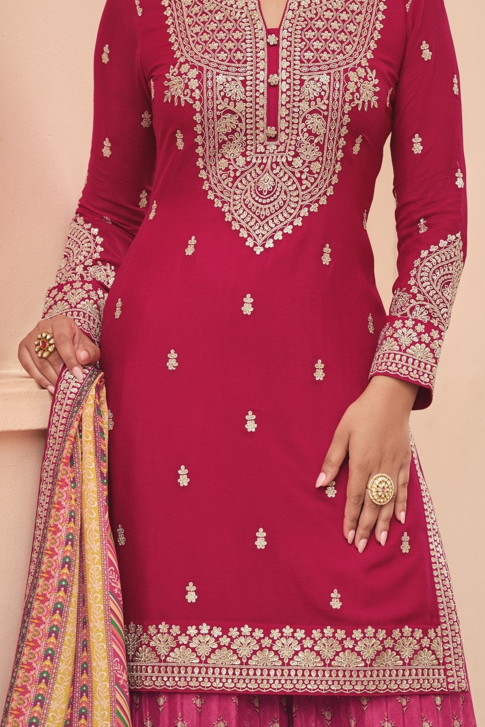 Red Chinon Silk Indian Palazzo Suit with Print & Embroidery Work - hem and footwear detail