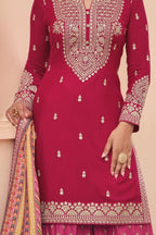 Red Chinon Silk Indian Palazzo Suit with Print & Embroidery Work - hem and footwear detail