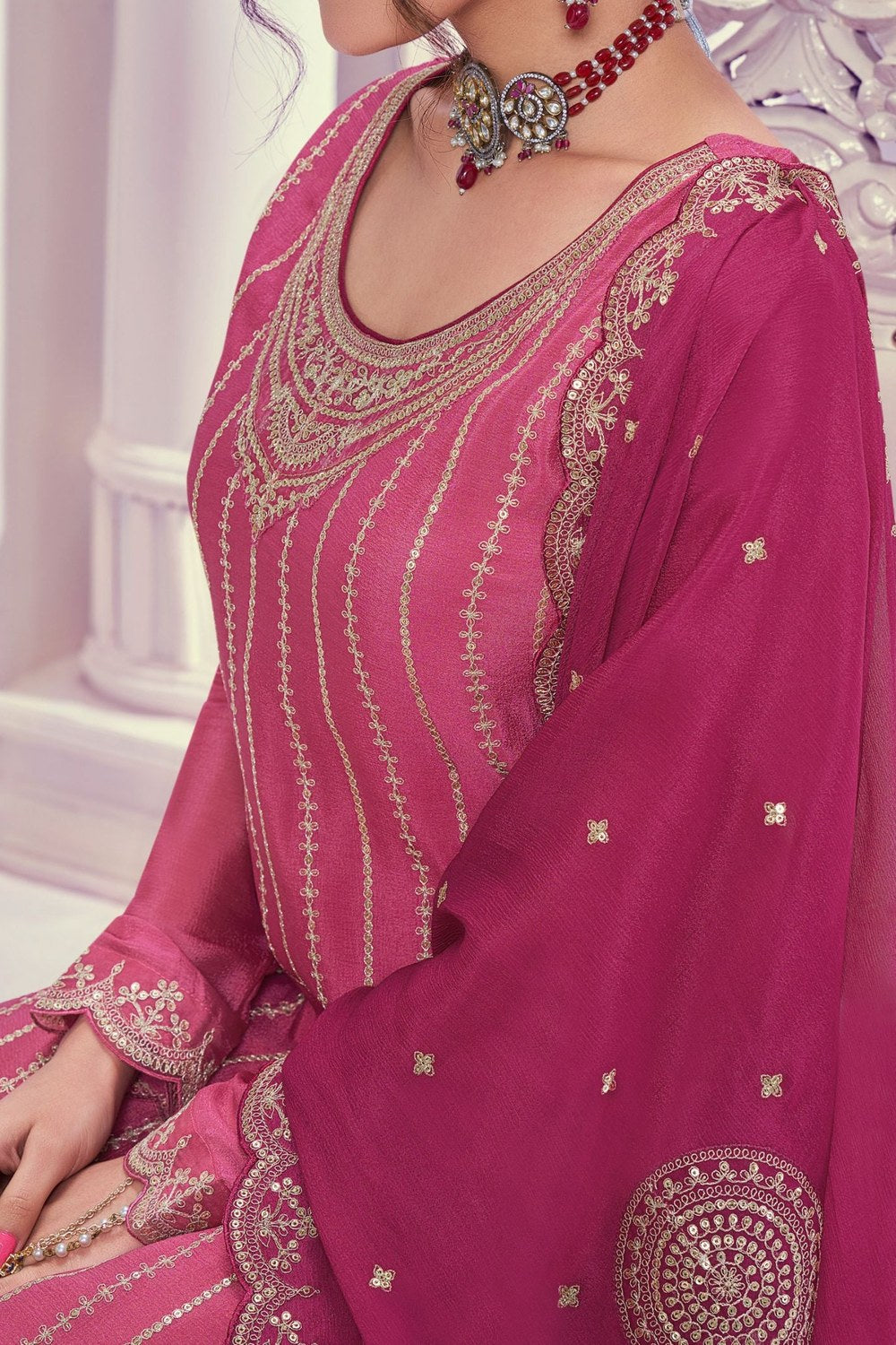 Pink Chinon Silk Indian Wedding Guests Outfits Plazo Suit - Thread & Sequence Embroidery Work - hem and footwear detail