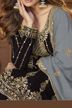 Black Georgette Kameez with Skirt Suit For Indian Wedding & Festival - Sequence Embroidery Work - hem and footwear detail