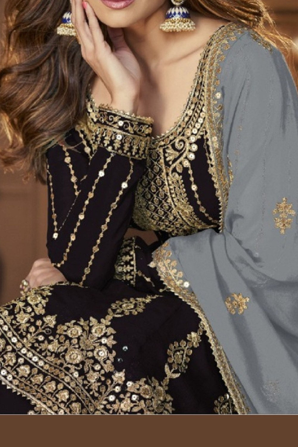 Black Georgette Kameez with Skirt Suit For Indian Wedding & Festival - Sequence Embroidery Work - hem and footwear detail