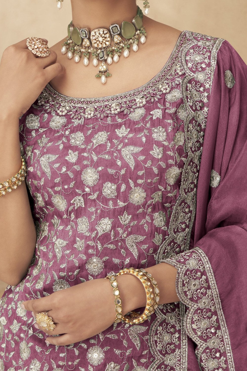 Pink Simmer Silk Kameez With Palazzo Suit For Indian & Pakistani Wedding Festival - Thread & Sequence Embroidery - hem and footwear detail
