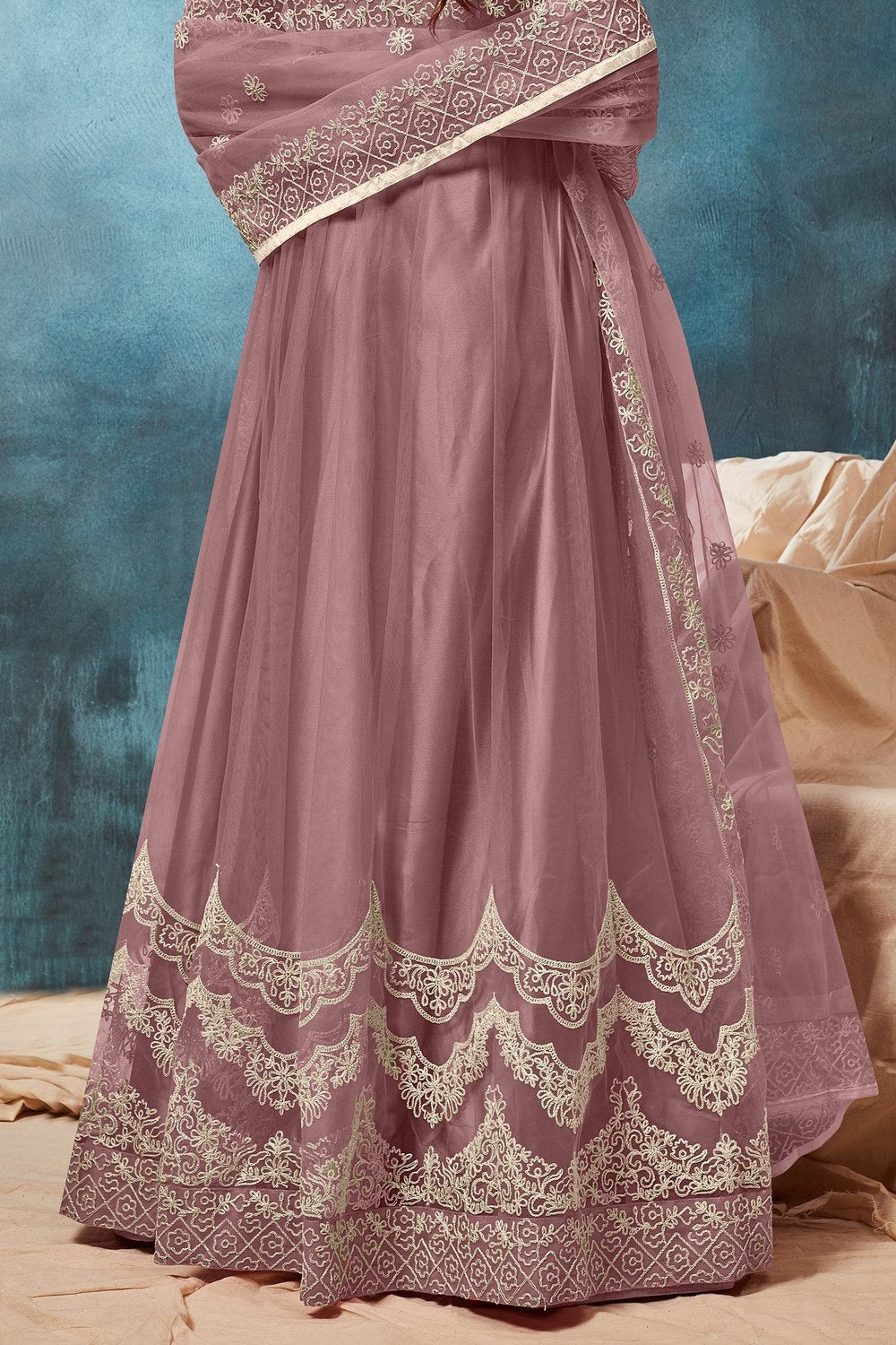 Purple Net Anarkali with Dori Embroidery Work for Indian Dresses for Women - hem and footwear detail