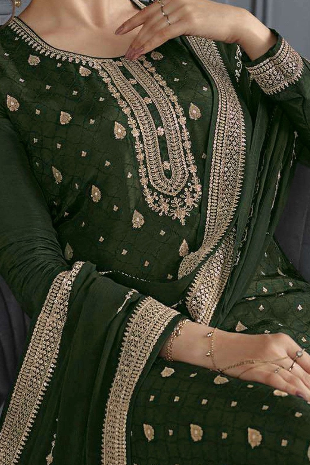 Dark Olive Jacquard Silk Kameez With Pant For Wedding & Festival - Embroidery Work - hem and footwear detail