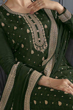 Dark Olive Jacquard Silk Kameez With Pant For Wedding & Festival - Embroidery Work - hem and footwear detail