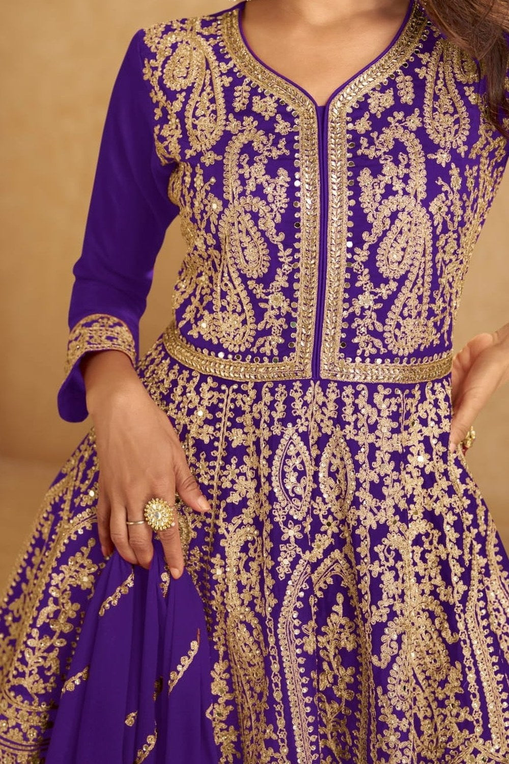 Purple Chinon Silk Kameez With Skirt For Indian & Pakistani Wedding Festival - Embroidery Work, Real Mirror Work - hem and footwear detail