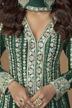 Green Chinon Silk Front Slit Anarkali Suit With Pant For Indian & Pakistani Wedding Festival - Thread & Sequins Embroidery Work - hem and footwear detail