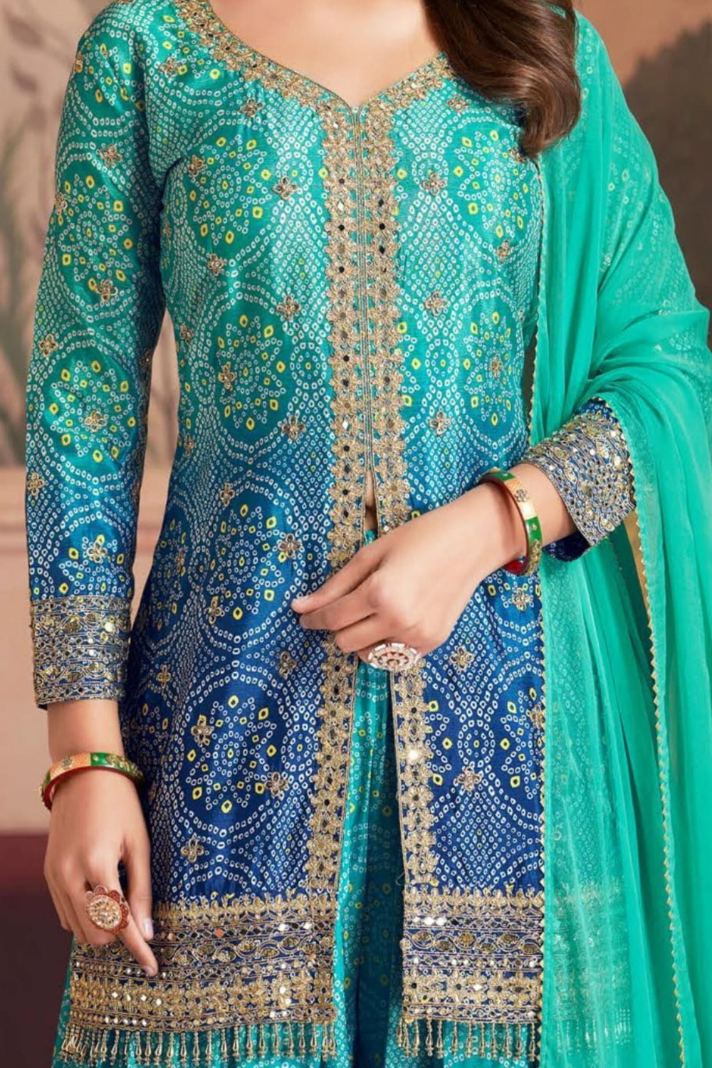 Teal Dual Color Chinon Silk Bandhani Style Pattern Palazzo Suit with Chiffon Dupatta For Indian Festivals & Weddings - Sequence Embroidery Work, Mirror Work, Print Work - hem and footwear detail