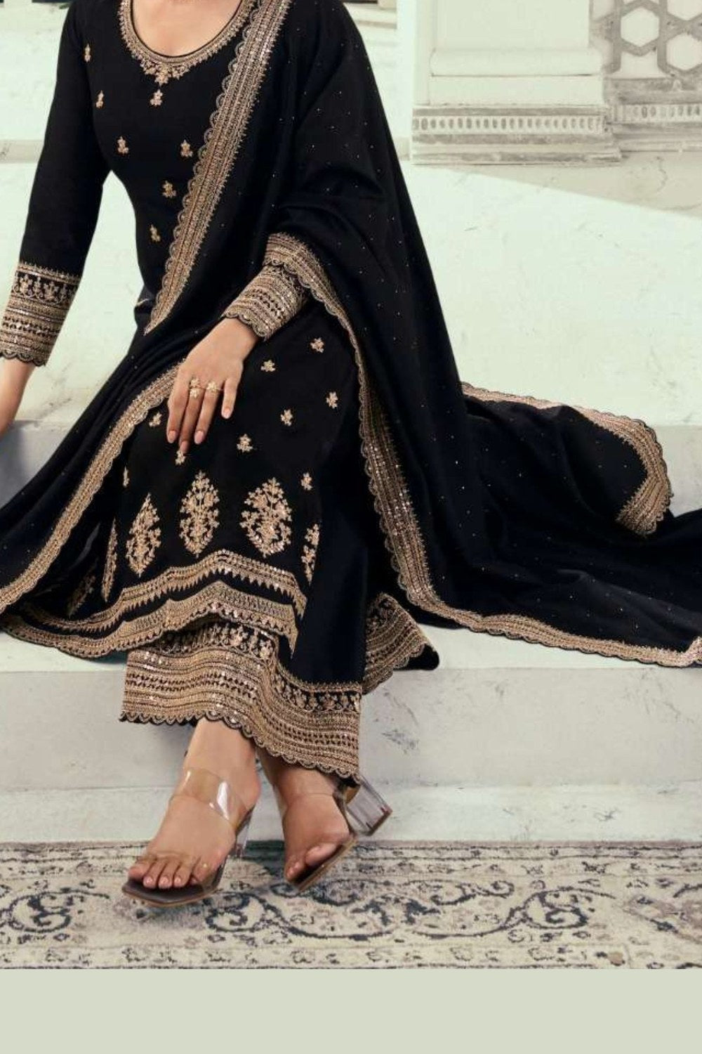Black Georgette Silk Kameez and Pant Suit For Indian Wedding & Festival - Embroidery Work - hem and footwear detail