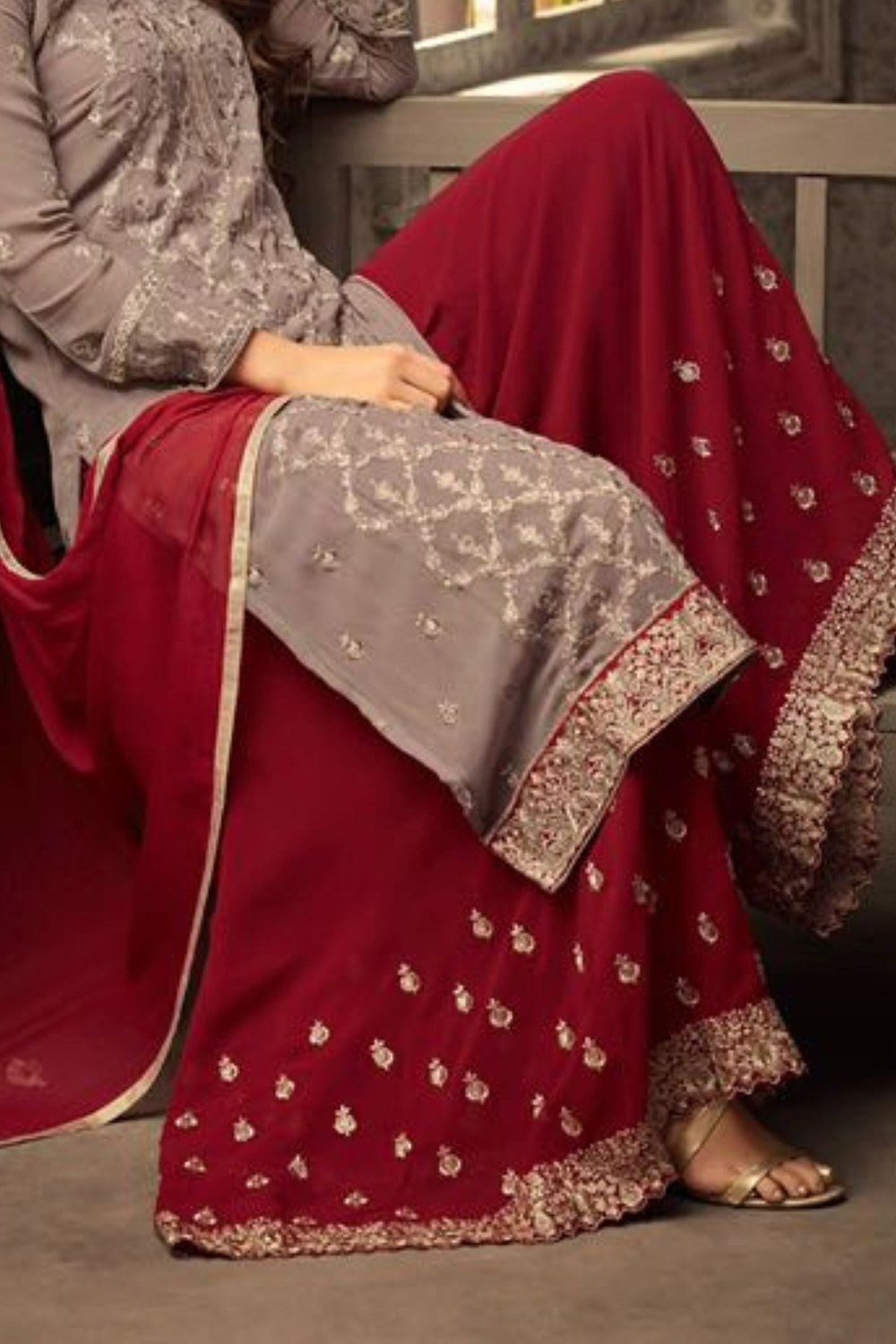 Coffee Red Georgette Plazo Suit For Women Wedding & Festival - Embroidery Work 1250 - hem and footwear detail
