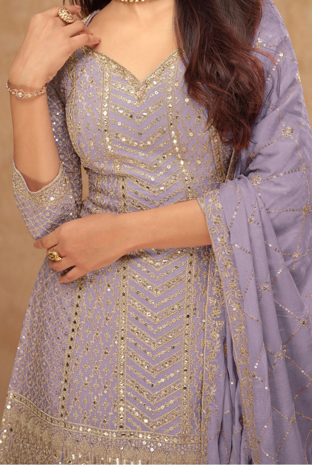 Light Dusty Blue Chinon Silk Plazo Suit For Indian Weddings & Pakitani Festival - Embroidery Work - hem and footwear detail
