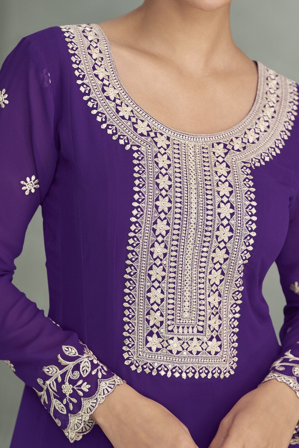 Violet Georgette Anarkali Suit For Indian & Pakistani Wedding Festival - Embroidery Work - hem and footwear detail