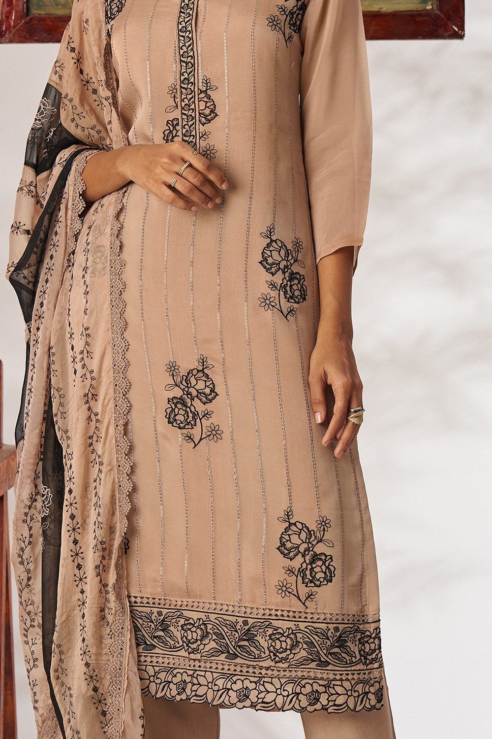 Beige Organza Kameez With Pant For Indian & Pakistani Wedding Festival - Thread Embroidery Work - detail view
