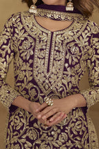 Embroidered Suit for Womens | Purple Georgette Sequin Plazo Set - hem and footwear detail