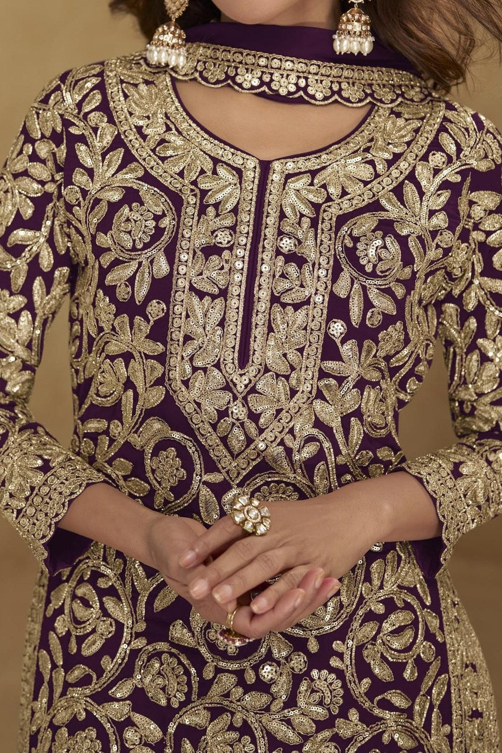 Embroidered Suit for Womens | Purple Georgette Sequin Plazo Set - hem and footwear detail