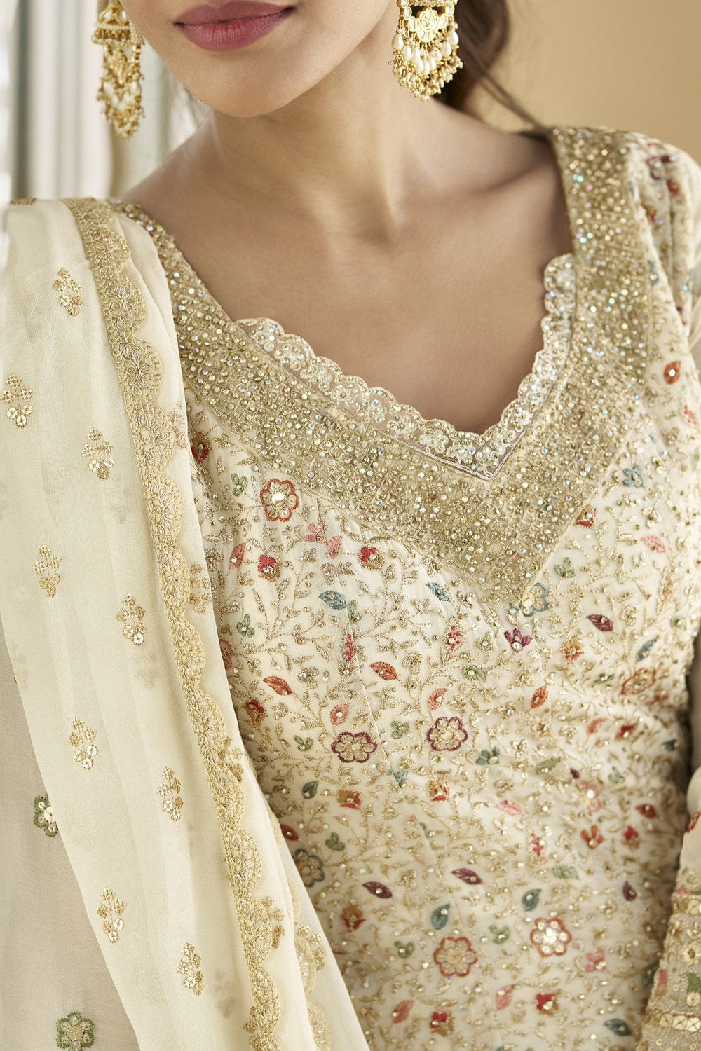 Off White Georgette Palazzo Suit For Indian & Pakistani Wedding Festival - Embroidery Work, Swarovski Work - hem and footwear detail