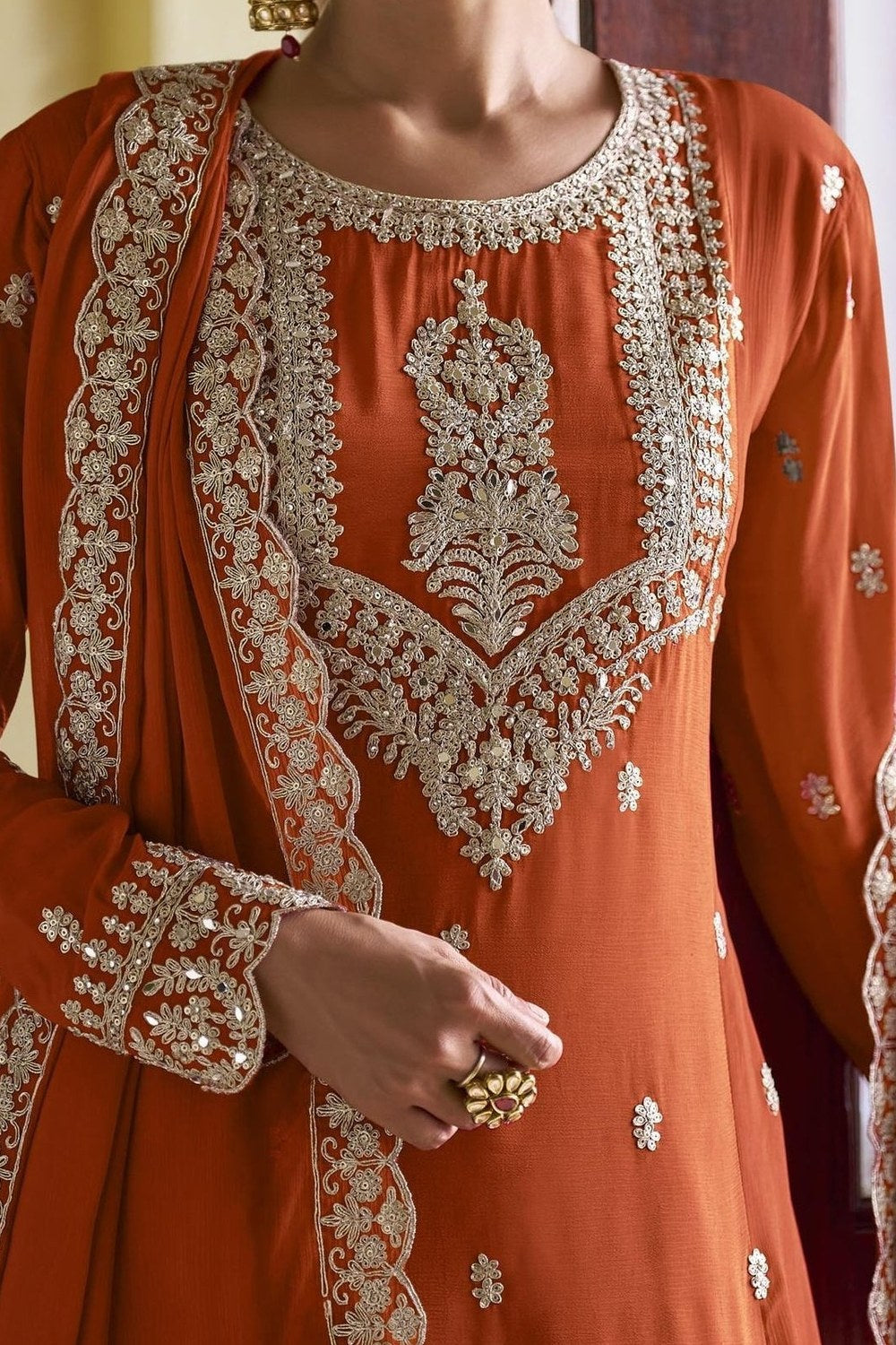 Orange Chinon Silk Kameez With Pant For Indian & Pakistani Wedding Festival - Sequins Embroidery Work, Dori Work - hem and footwear detail