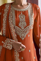 Orange Chinon Silk Kameez With Pant For Indian & Pakistani Wedding Festival - Sequins Embroidery Work, Dori Work - hem and footwear detail