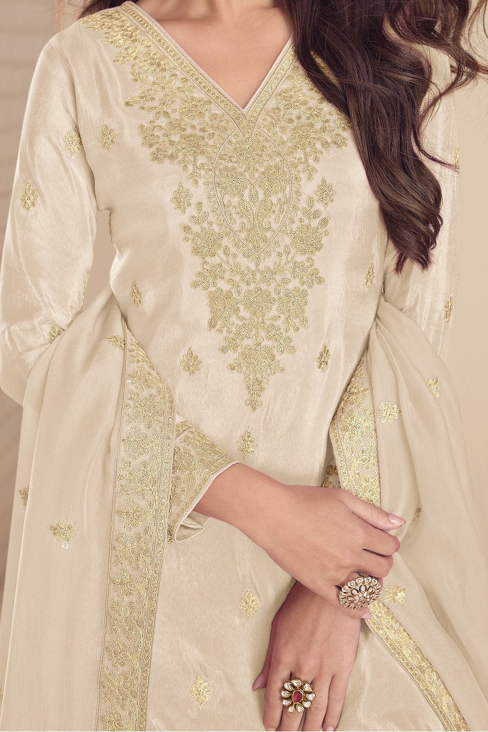 Cream Simmer Silk Embroidery Work Palazzo Suits for Women - hem and footwear detail