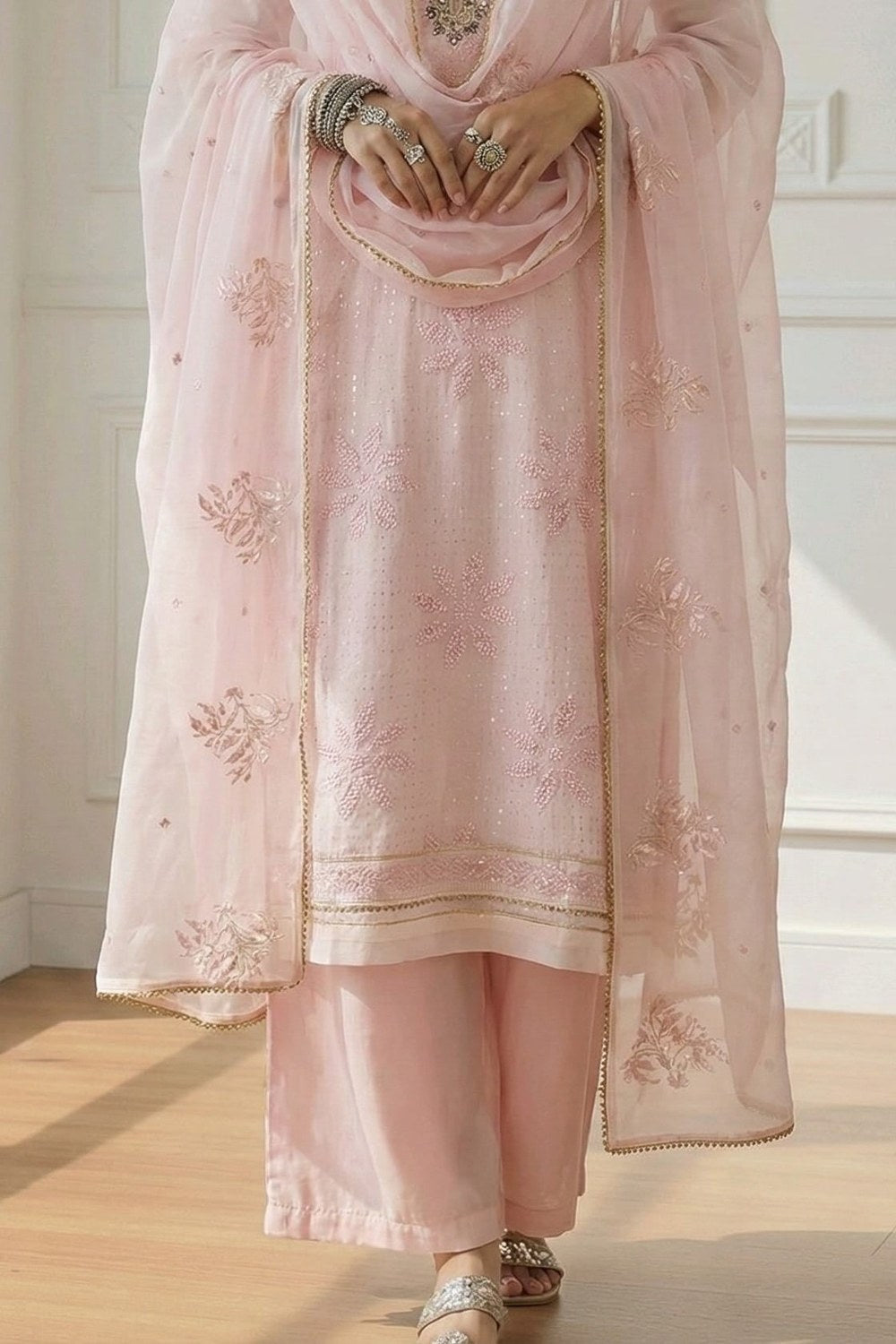 Light Pink Kameez With Pant Wedding Festival in Georgette with Sequins & Thread, Khatli Work RTS - hem and footwear detail