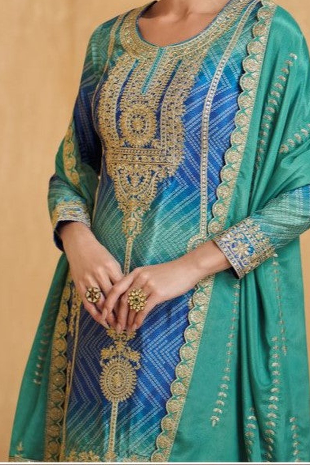 Teal Chinon Silk Bandhani Palazzo Suits with Bandhni Print & Embroidery Work - hem and footwear detail