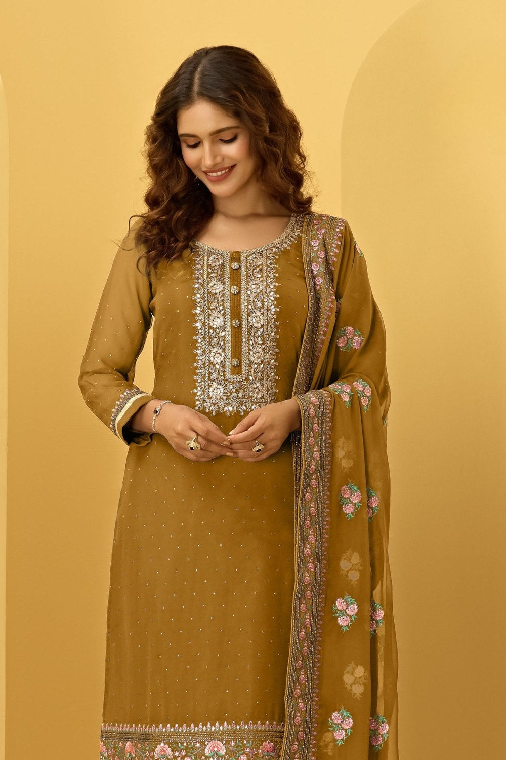 Mustard Georgette Plazo For Indian Festivals & Weddings - Thread Embroidery Work, Swarovski Work - close-up view