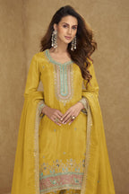 Yellow Simmer Silk Kameez With Pant For Indian & Pakistani Wedding Festival - Sequins & Thread Embroidery Work - close-up view