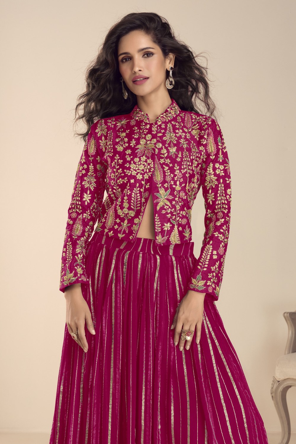 Maroon Vichitra Silk Long Sleeves Lehenga with Sequins Embroidery - close-up view