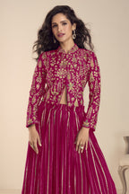Maroon Vichitra Silk Long Sleeves Lehenga with Sequins Embroidery - close-up view