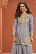 Gray Lavender Fandy Silk Plazo Suit For Indian & Pakistani Wedding Festival - Thread Embroidery Work - close-up view