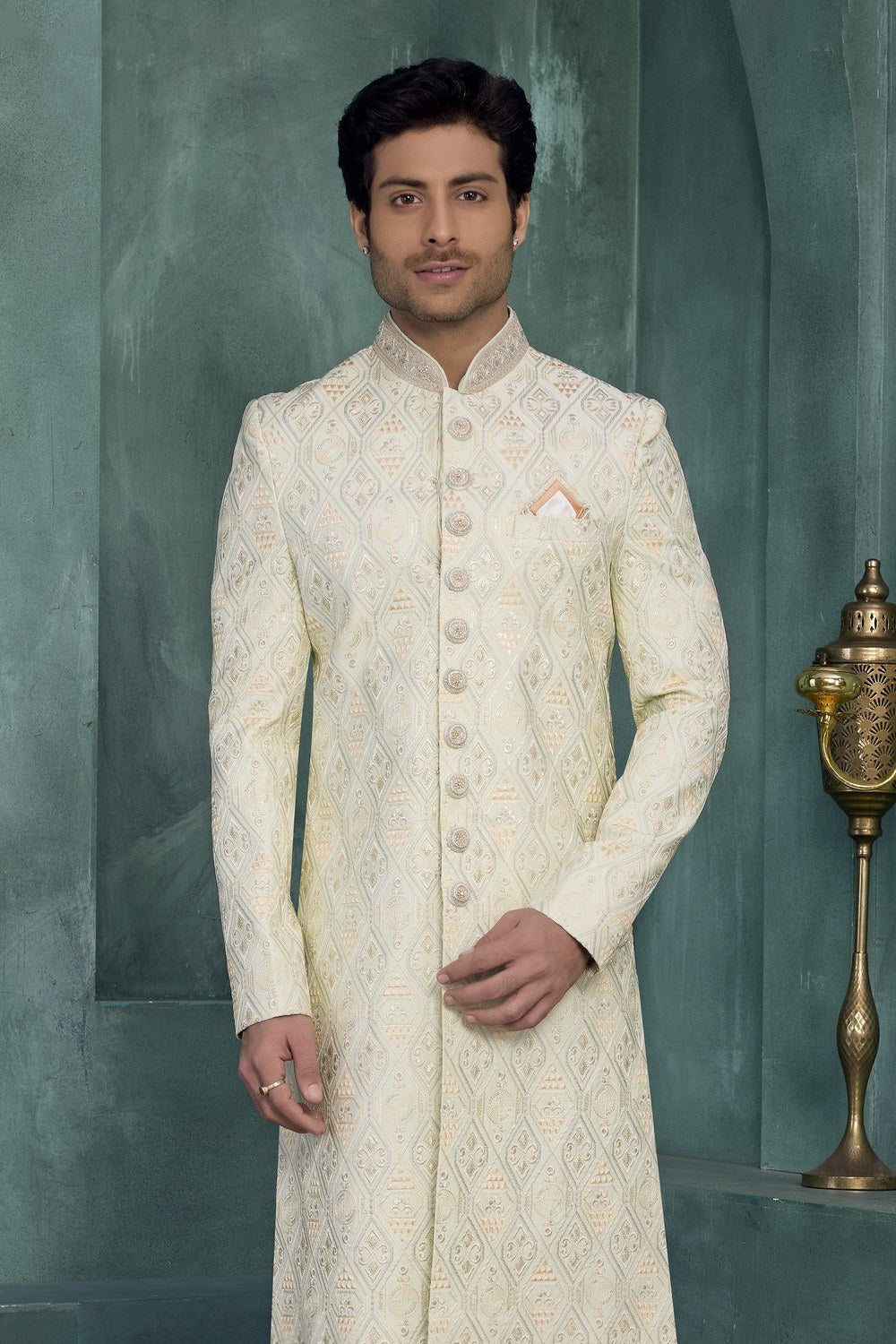 Beige Kurta Mens Wear & Pajama Set - Sherwani with Embroidery Work - close-up view