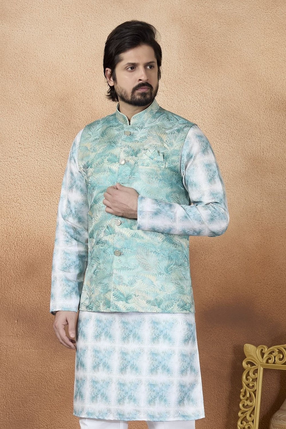 Pastel Blue Indian Traditional Clothes for Men - 3 Piece Kurta Pajama Set - close-up view
