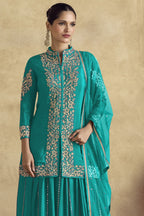 Cyan Chinon Silk Plazo Suit For Indian Weddings & Pakistani Festival - Embroidery Work - close-up view