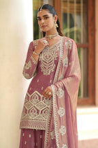 Pink Premium Tora Silk Palazzo Suit For Indian & Pakistani Wedding Festival - Patti Work - close-up view