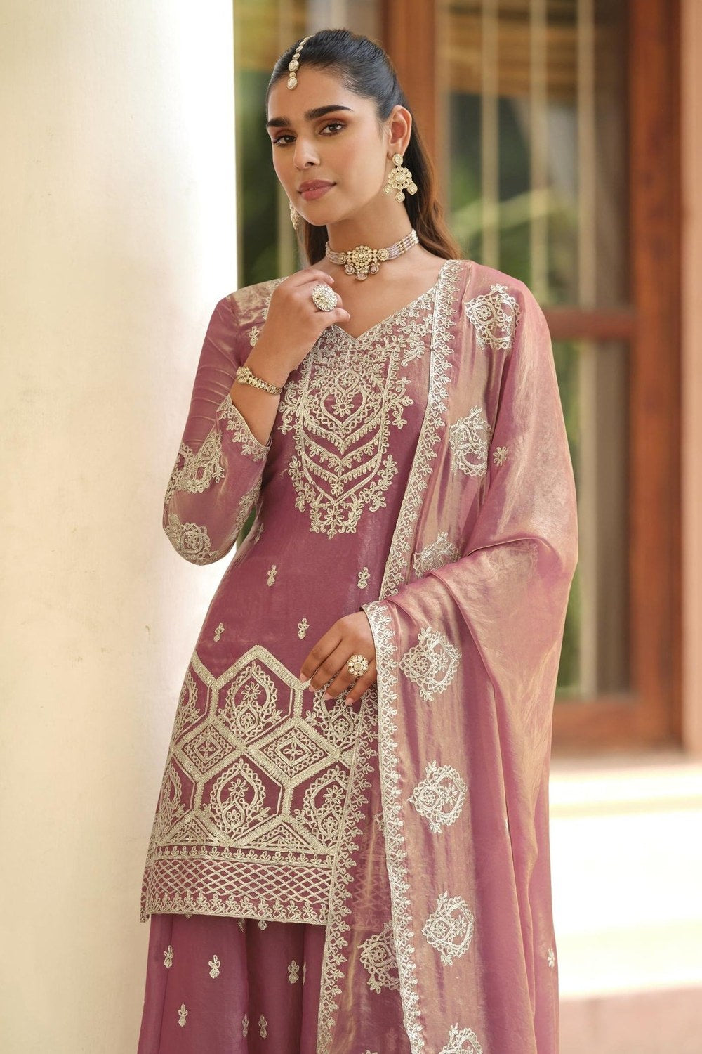 Pink Premium Tora Silk Palazzo Suit For Indian & Pakistani Wedding Festival - Patti Work - close-up view